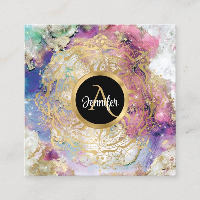 Watercolor nebula gold mandala modern monogrammed square business card (Front)