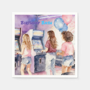 Watercolor Neon Arcade Kids’ Birthday Party Napkin