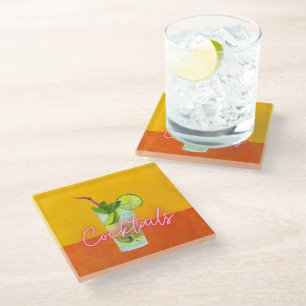 Watercolor & Neon Cocktails Bar Art Glass Coaster