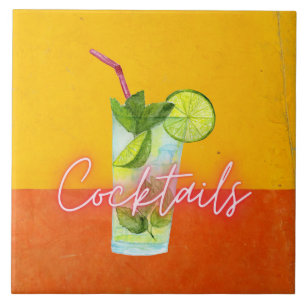 Watercolor & Neon Cocktails Bar Art Tile