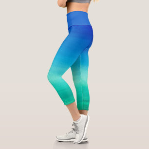 Watercolor Neon Ocean Blue Green Summer Theme Capri Leggings