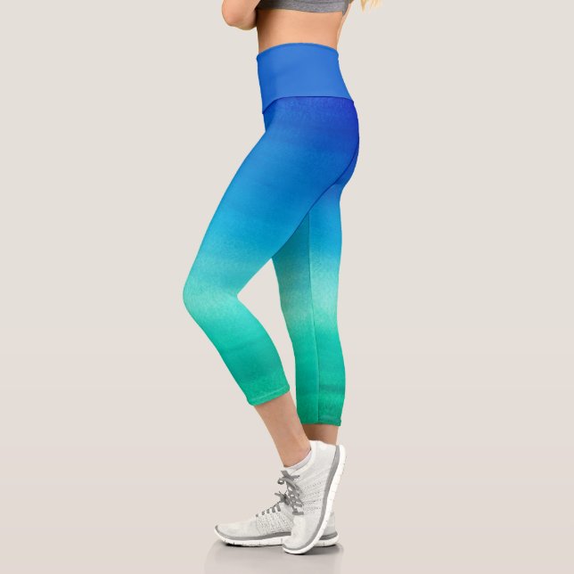 Watercolor Neon Ocean Blue Green Summer Theme Capri Leggings (Left)