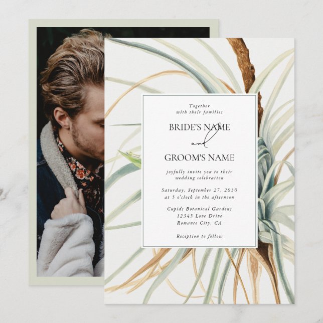 Watercolor Neutral Boho Botanical Photo Wedding Invitation (Front/Back)