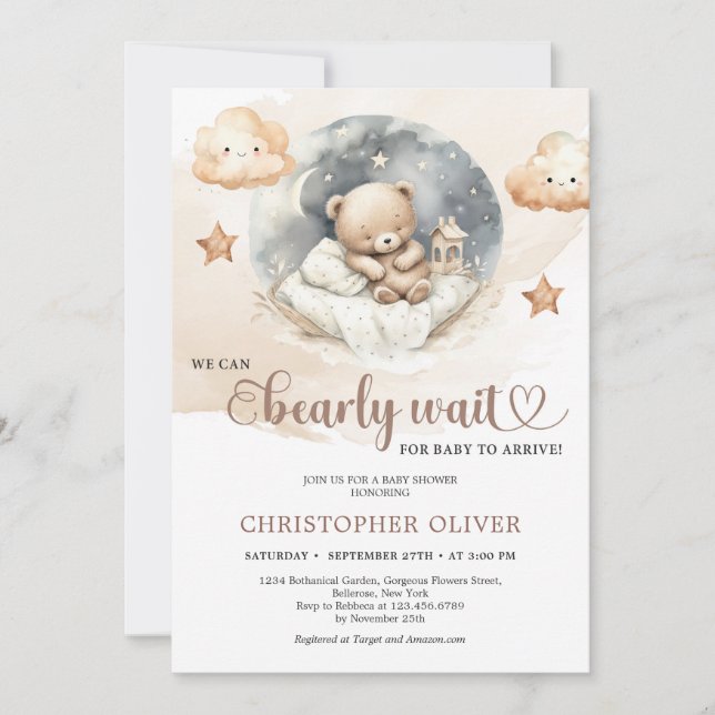 Watercolor neutral brown hues ivory teddy bear invitation (Front)