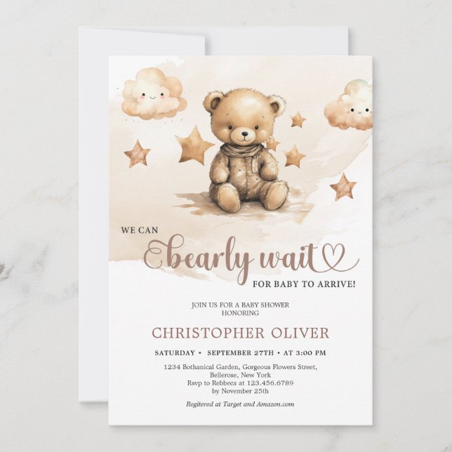 Watercolor neutral brown hues ivory teddy bear invitation (Front)