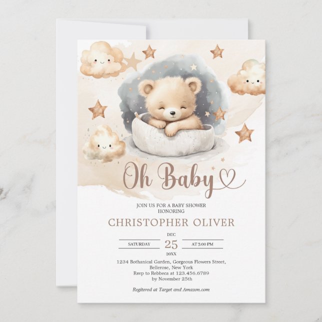 Watercolor neutral cute sleeping teddy bear  invitation (Front)