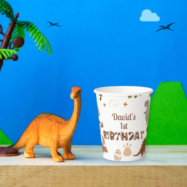 Watercolor Neutral Dino Rex Birthday Paper Cups (Creator Uploaded)