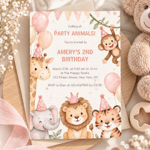 Watercolor Neutral Pink Safari Animals Birthday  Invitation
