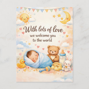 Watercolor New Baby Welcome Greeting with Teddy Postcard