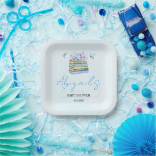 Watercolor New Chapter Begins baby boy shower Paper Plate