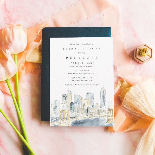 Watercolor New York City Skyline Bridal Shower Invitation (New York City skyline watercolor bridal shower invitation.)
