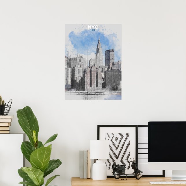 Watercolor New York City Skyline – Manhattan Wall  Poster (Home Office)