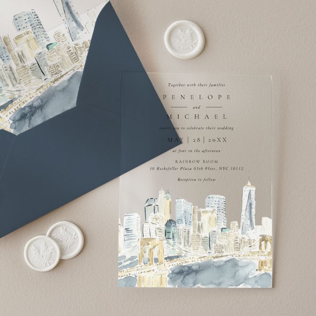 Watercolor New York City USA Destination Wedding Acrylic Invitations (Watercolor New York City USA Destination Wedding Acrylic Invitations)