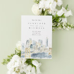 Watercolor New York City USA Destination Wedding Save The Date<br><div class="desc">Modern,  playful,  and yet sophisticated,  this wedding Save the Date features a watercolor painting of a New York City skyline featuring the Brooklyn Bridge paired with chic typography. Customise with your wedding details and coordinate with the full wedding suite!</div>