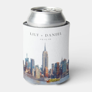 Watercolor New York Skyline Wedding Can Cooler