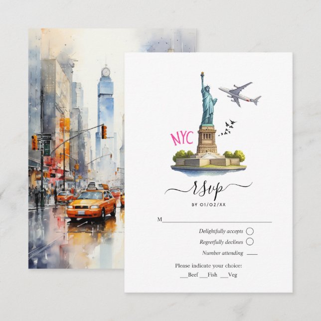 Watercolor New York USA Destination Wedding RSVP Card (Front/Back)