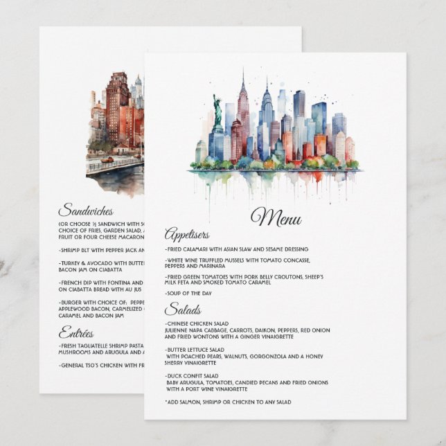 Watercolor New York Wedding Menu (Front/Back)