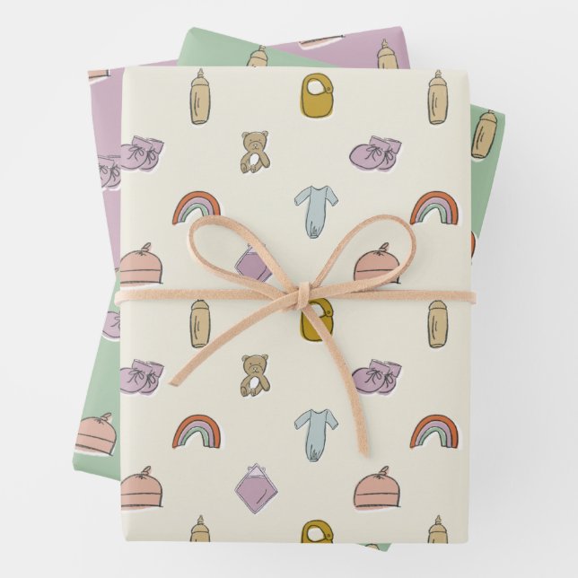 Watercolor Newborn Illustrations Baby Shower Wrapping Paper Sheet (In situ)