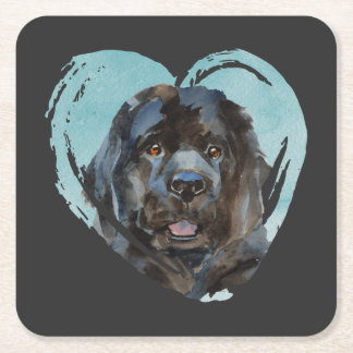 Watercolor Newfoundland Portrait Square Paper Coaster