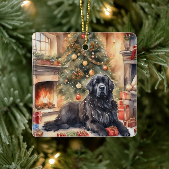 Watercolor Newfoundland - Xmas Scene 3 Ceramic Ornament (Tree)