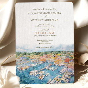 Watercolor Newport Harbor Coastal Wedding Invitation