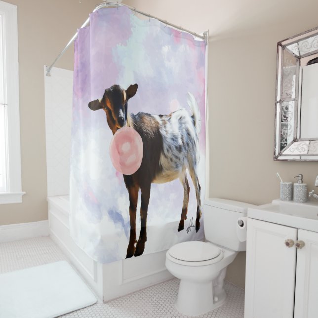 Watercolor Nigerian Dwarf Goat Bubblegum Bubble Shower Curtain (In Situ)