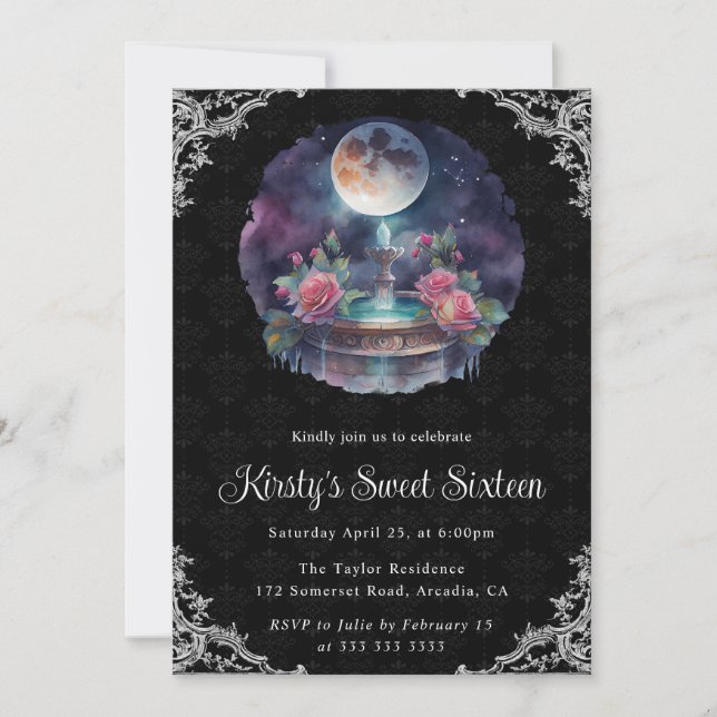 Watercolor Night Floral Fountain Sweet Sixteen Invitation (Front)