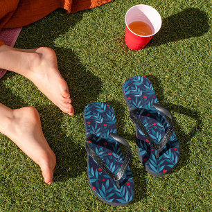 Watercolor night garden - turquoise, blue and red flip flops