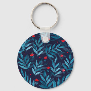 Watercolor night garden - turquoise, blue and red key ring