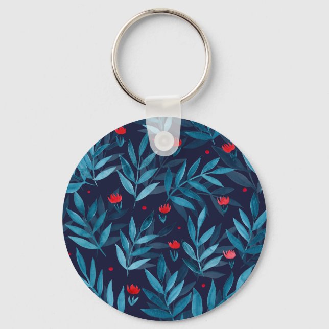 Watercolor night garden - turquoise, blue and red key ring (Front)
