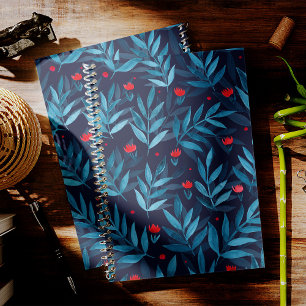 Watercolor night garden - turquoise, blue and red notebook