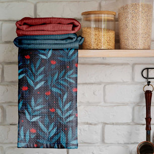 Watercolor night garden - turquoise, blue and red tea towel