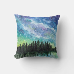 Watercolor night landscape, Milky Way Cushion