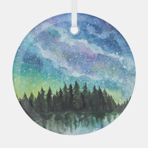 Watercolor night landscape, Milky Way Glass Tree Decoration
