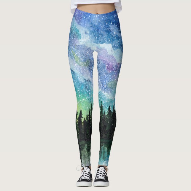 Watercolor night landscape, Milky Way Leggings (Front)