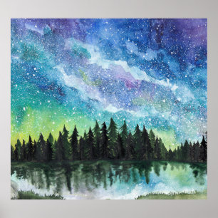 Watercolor night landscape, Milky Way Poster