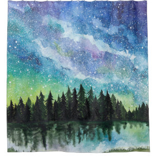 Watercolor night landscape, Milky Way Shower Curtain