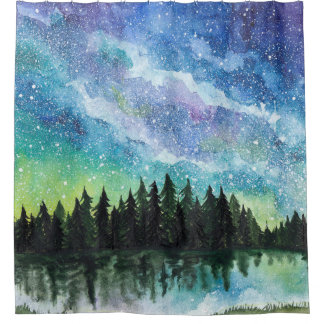 Watercolor night landscape, Milky Way Shower Curtain