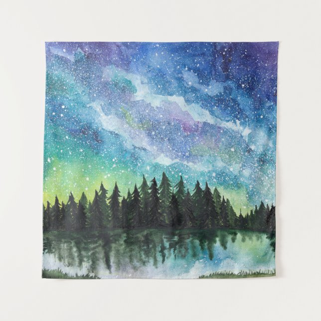 Watercolor night landscape, Milky Way Tapestry (Front)