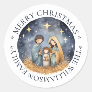 Watercolor Night Merry Christmas White Navy Classic Round Sticker