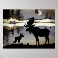 Watercolor Night Moose and Baby Forest