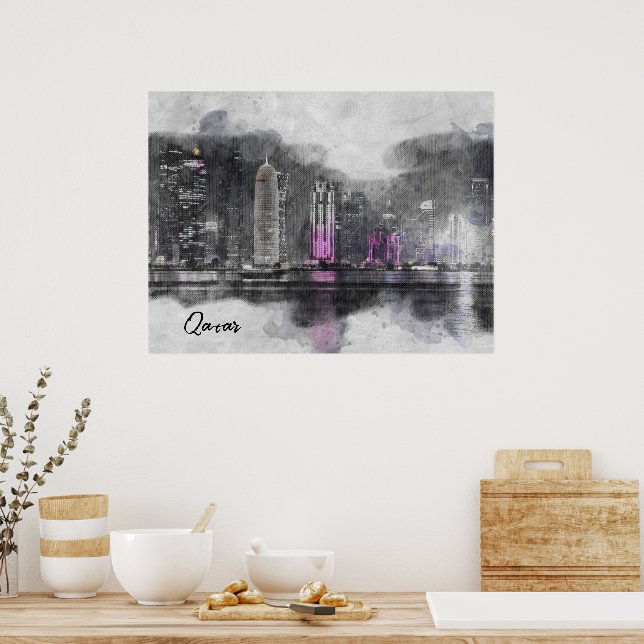 Watercolor Night Qatar Poster – Doha City Skyline  (Kitchen)