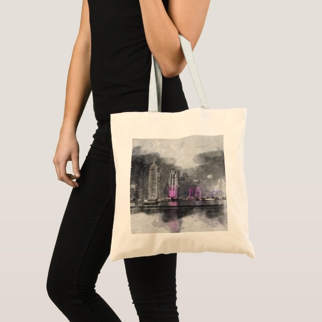 Watercolor Night Qatar Tote Bag • Doha Skyline  (Front (Product))