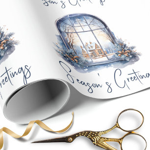 Watercolor Nordic Blue Snowy Christmas Traditional Wrapping Paper