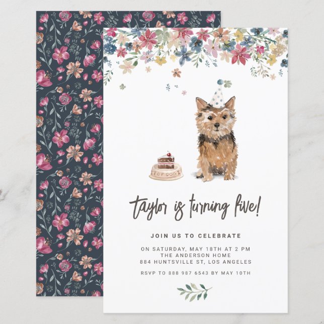 Watercolor Norfolk Terrier Dog Birthday Invitation (Front/Back)