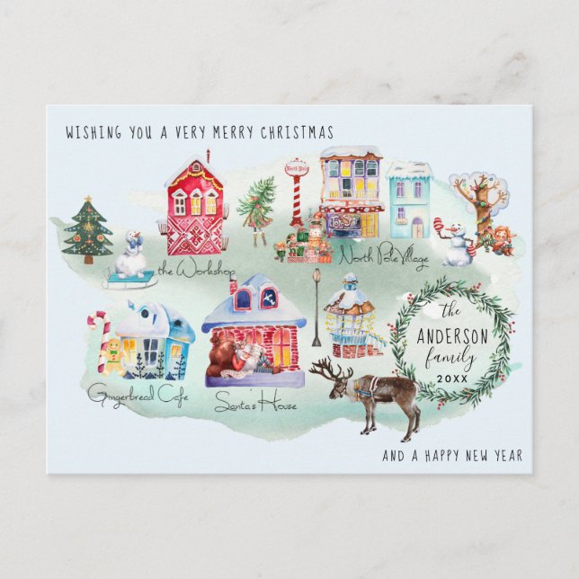Watercolor North Pole Village Map | Illustrated Postcard (Front)