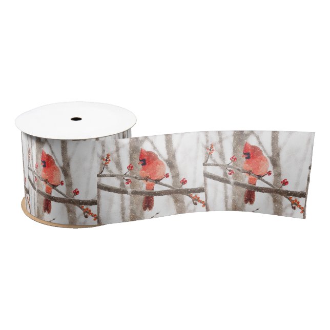 Watercolor Northern Cardinal Christmas Design Satin Ribbon (Spool)