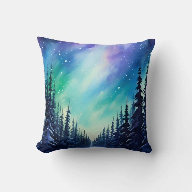 Watercolor Northern Lights aurora borealis Cushion (Front)