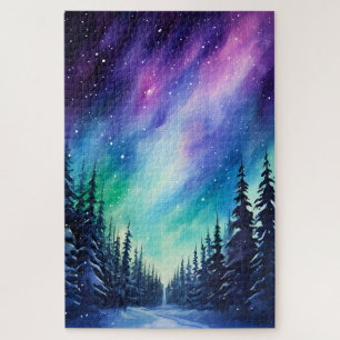 Watercolor Northern Lights aurora borealis  Jigsaw Puzzle