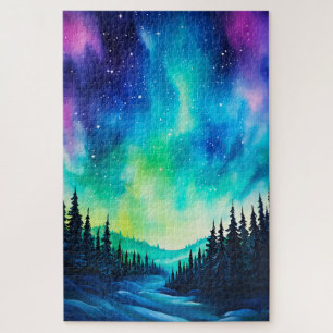 Watercolor Northern Lights aurora borealis  Jigsaw Puzzle